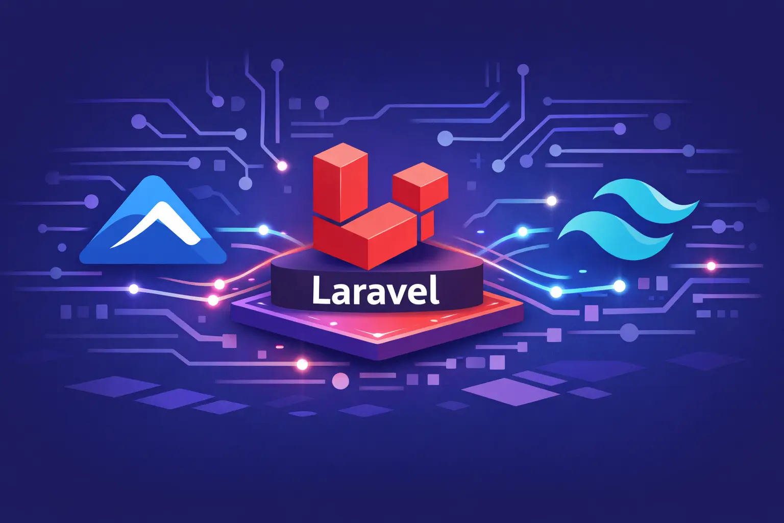 I 3 loghi di Alpine, Laravel e Tailwind affiancati e connessi tra di loro